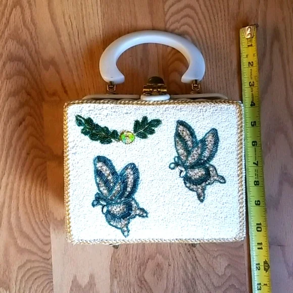 Vintage 1950s Mid Century ADELES Miami Beaded Lucite Wicker Box Bag - Picture 12 of 16